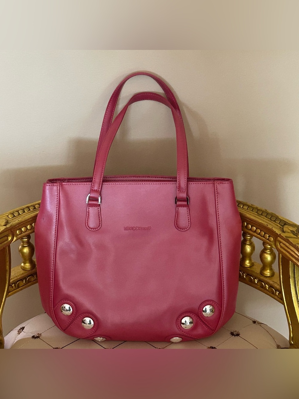 Longchamp Rose Pink Leather Tote with Stud AccentsMad In France